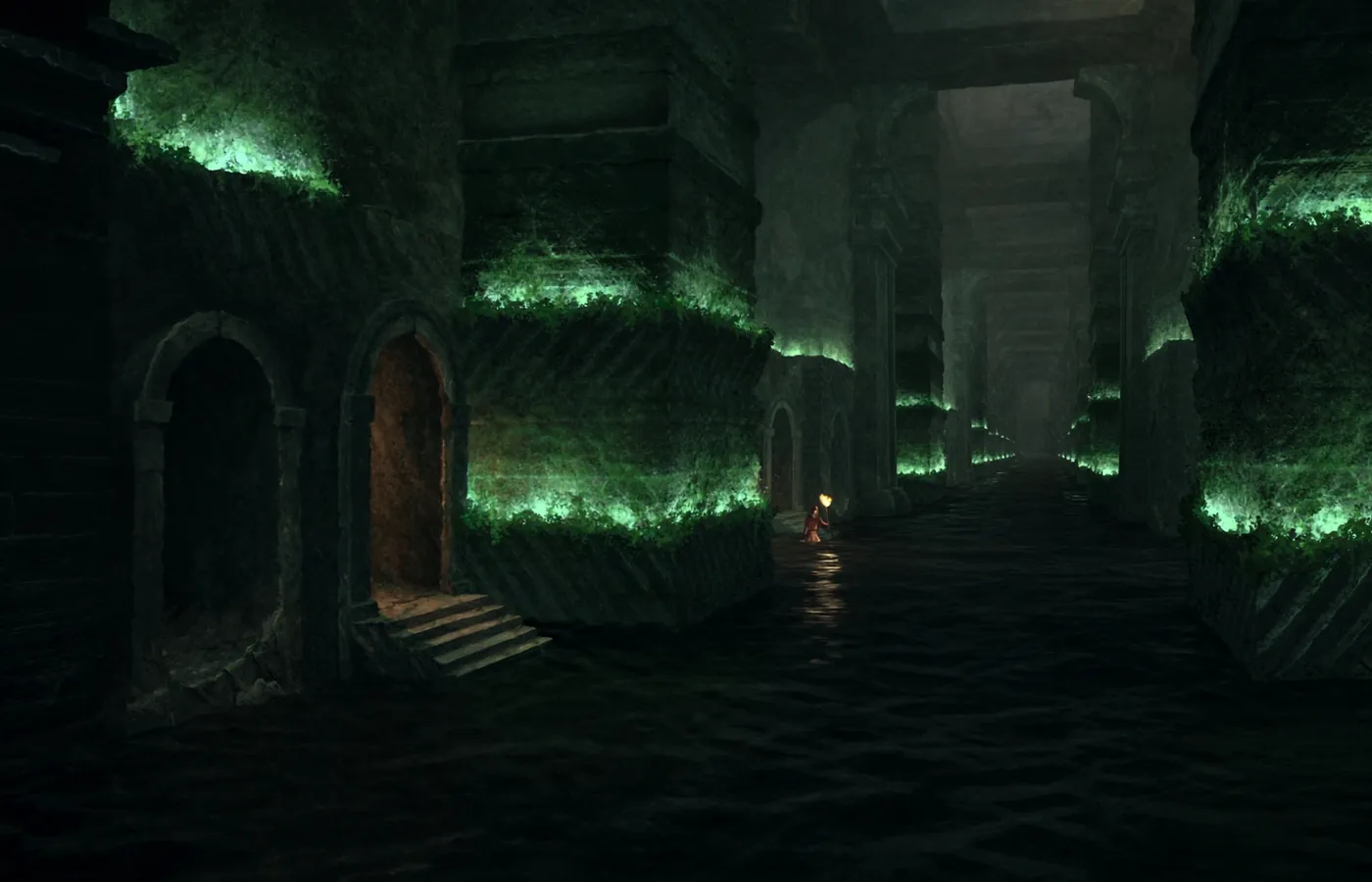 A flooded stone reservoir with rows of pale glowing lichen farmed along the walls, waist-deep water and a single delver tending them.