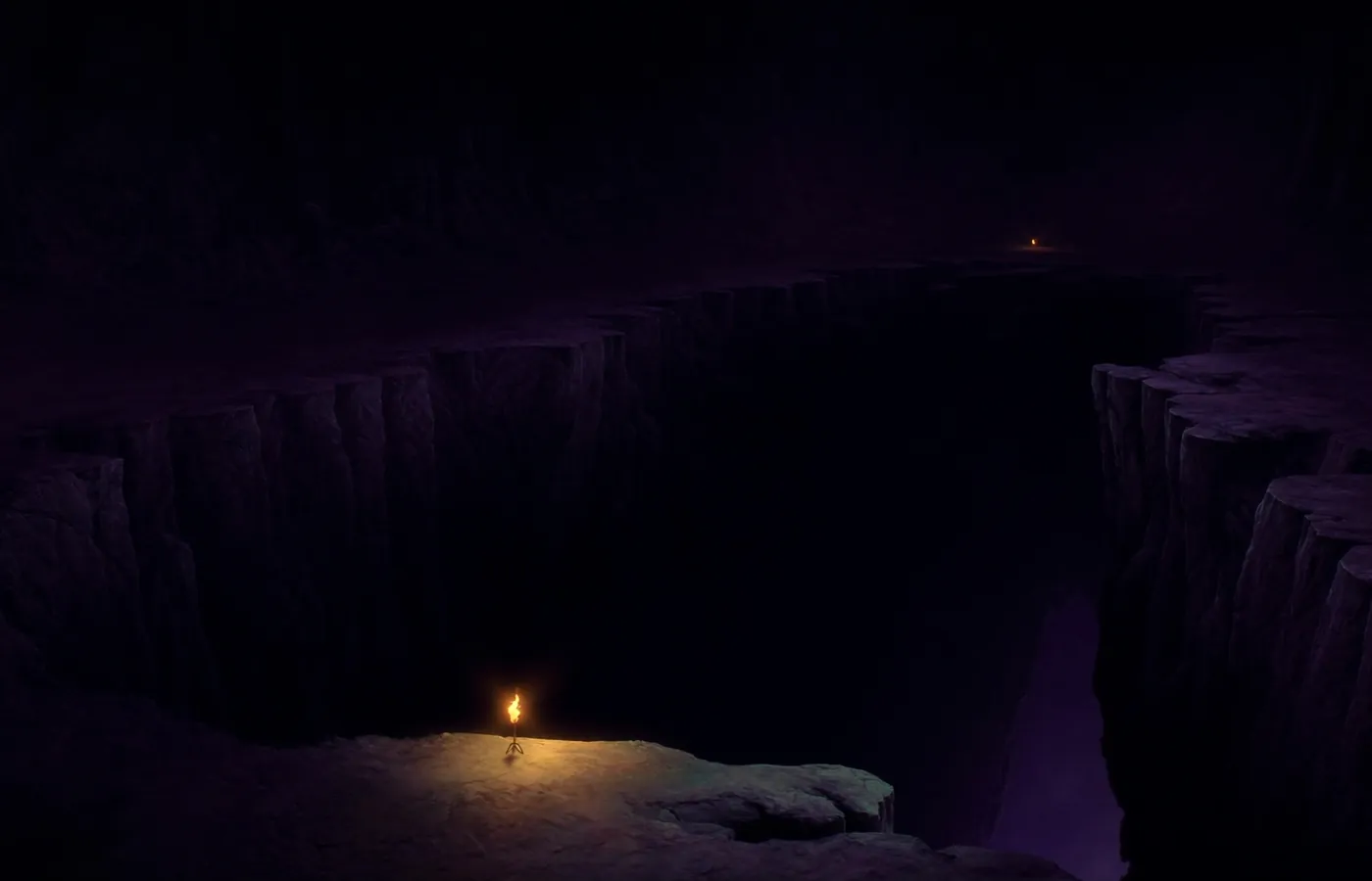 An immense dark shaft below the last cut floor, faint violet light on wet rock, a torch flame guttering low and small.