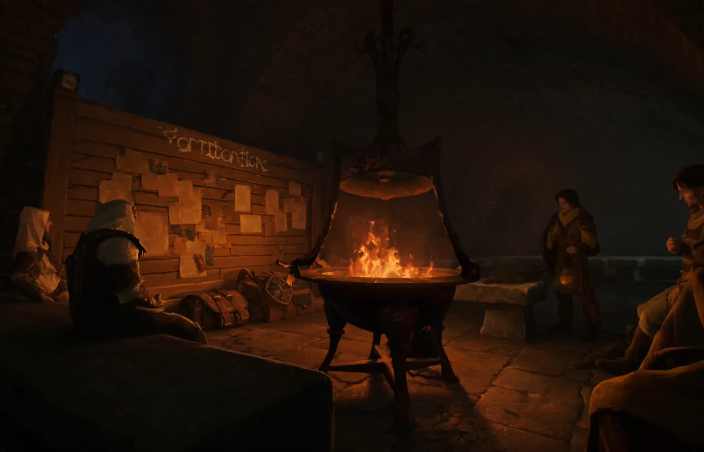 A wide vaulted room at the bottom of the first stair, lit by a standing brazier, with delvers sitting on stone benches around a notice board.