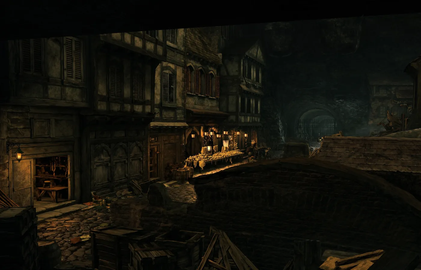 A market built along a sunken street of shuttered candle-makers' shops, stalls hung with lanterns and tallow.
