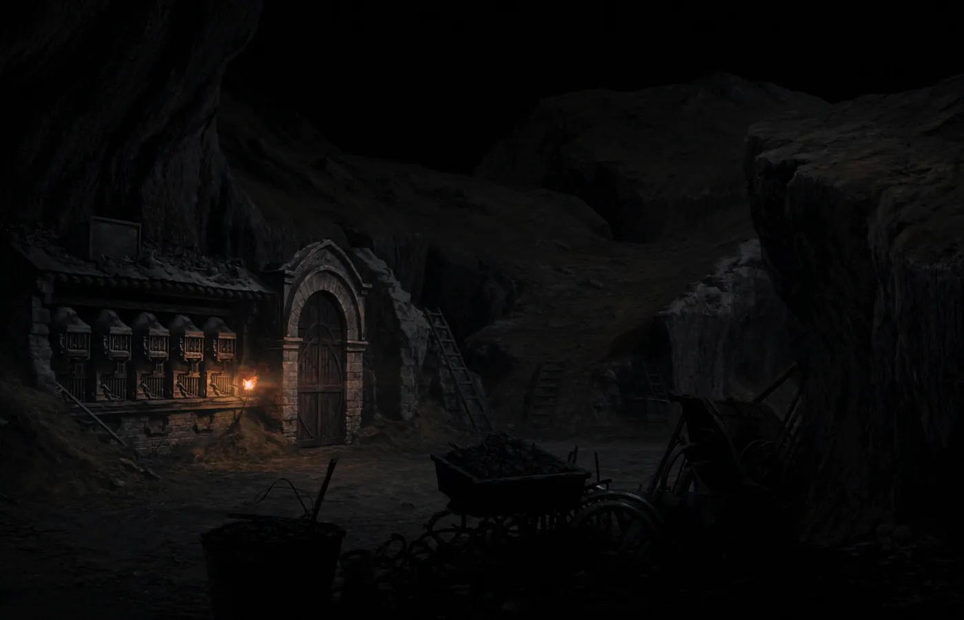 Narrow cut streets of a buried city, collapsed doorways and old workshops with a cold kiln, lit only by a delver's torch.